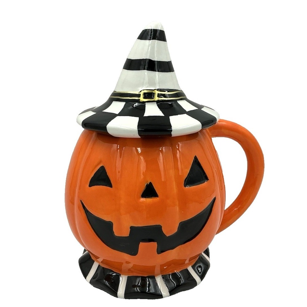 Jack O' Lantern Pumpkin Coffe‎ Mug With Black And White Check Striped Witch Hat